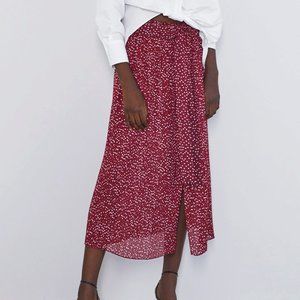 Zara | Burgundy Polka Dot Print Pleated Midi Skirt